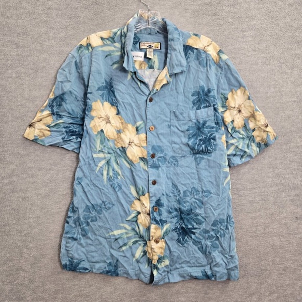 Caribbean Joe Men Button Up Shirt Large Blue Floral Hawaiian Pocket Collar